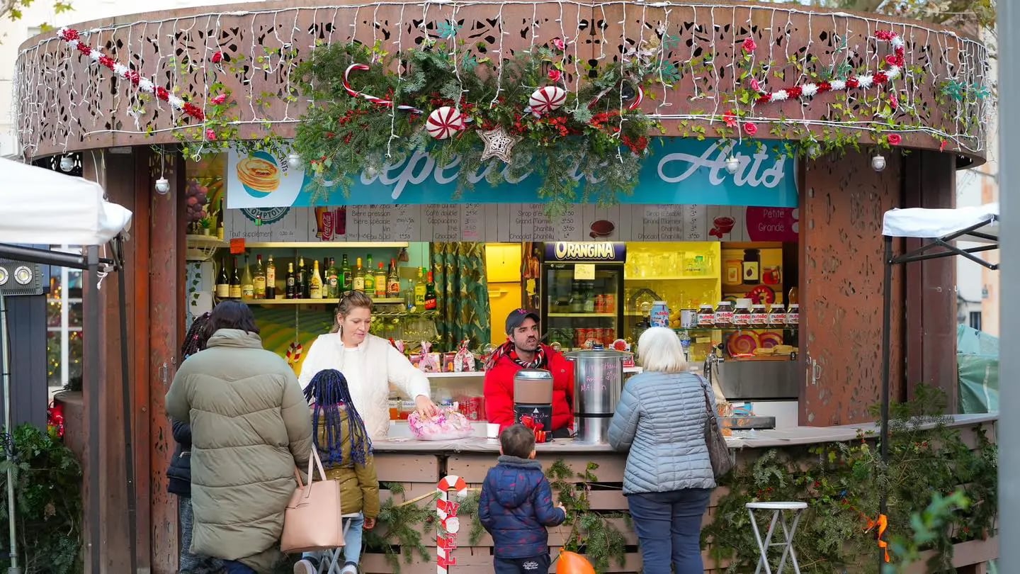 Christmas market in Villefranche-sur-Saône with an ice rink