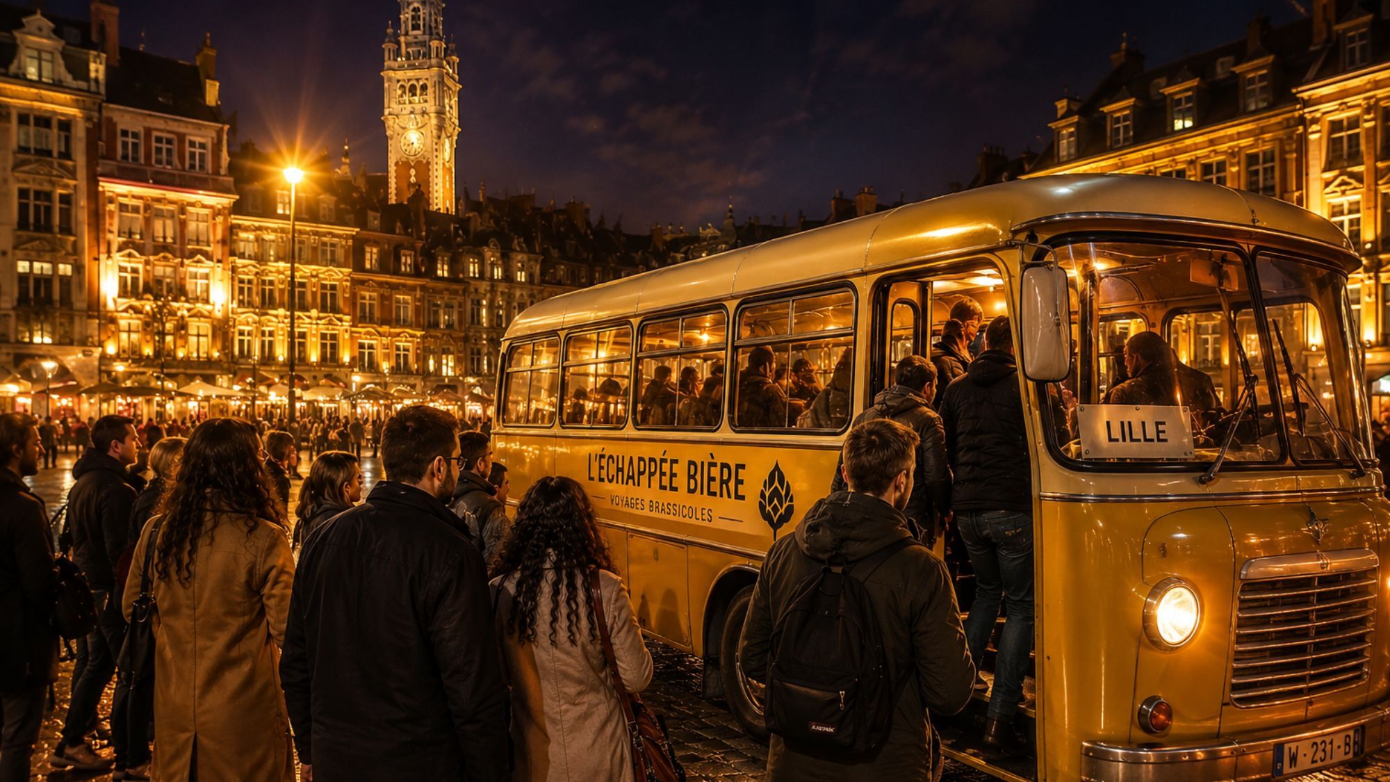 Cette nuit insolite au départ de Lille vous emmène de brasserie en brasserie jusqu’au bout de la nuit beffroi-nuit-bus-lumieres