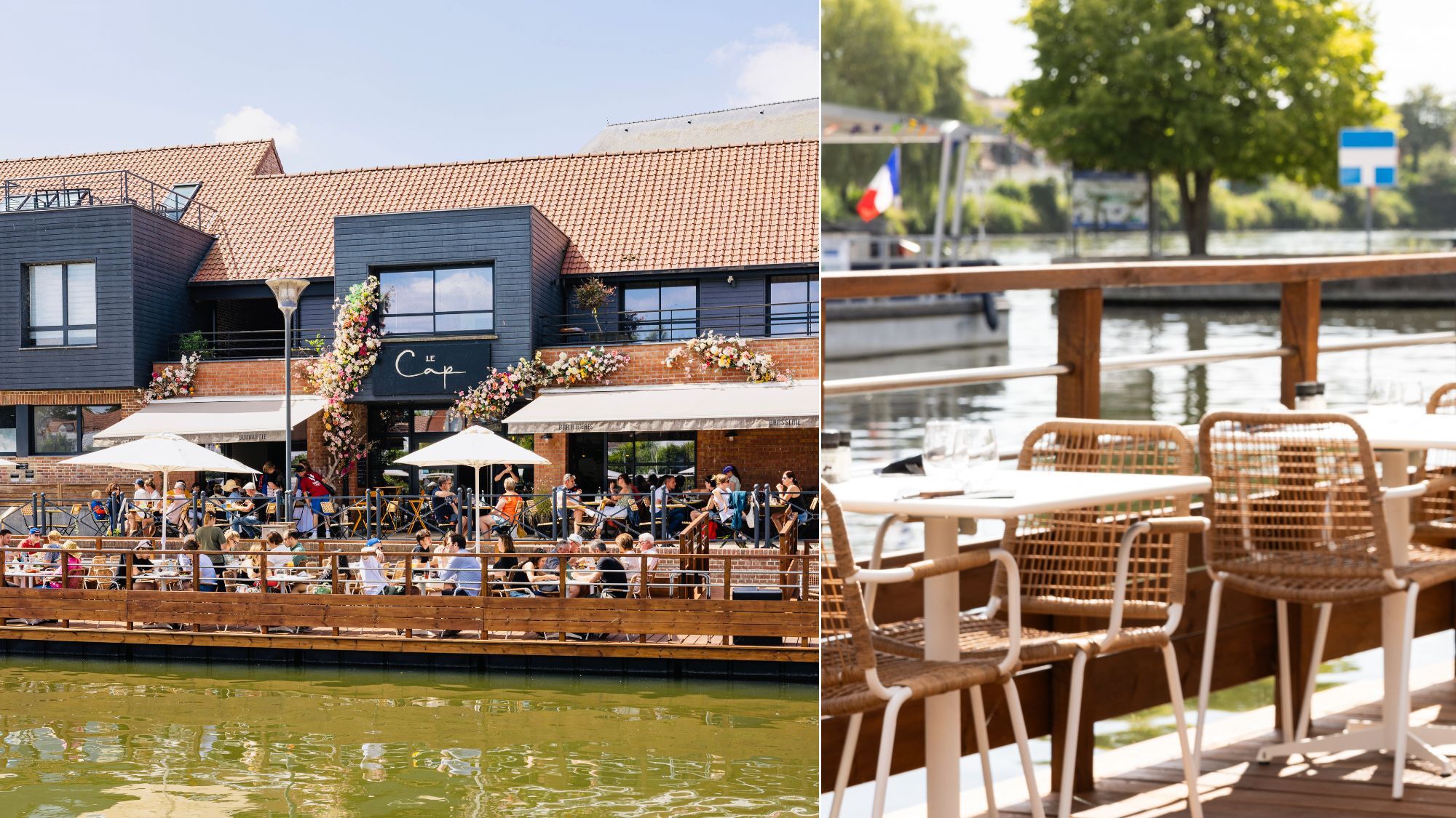 À côté de Lille, cette immense terrasse au bord de l’eau donne presque l’impression d’être en vacances terrasse-eau-gens-tables